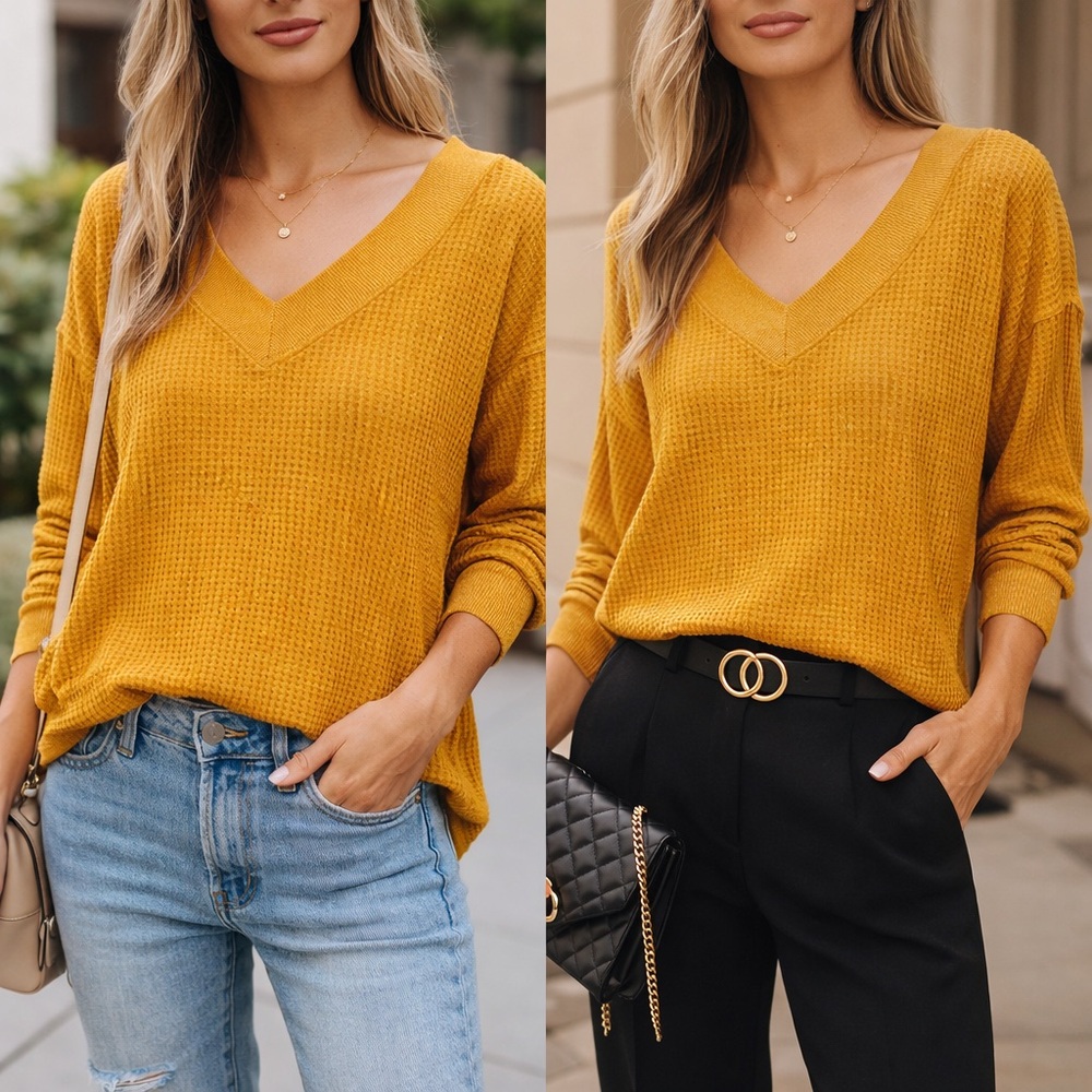 We The Free Mustard V-Neck Waffle Knit Pullover
01-0011
